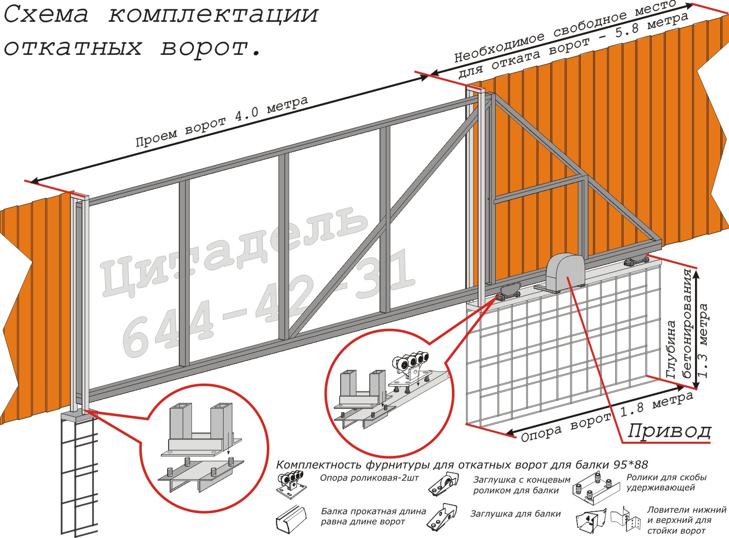 Схема монтажа откатных ворот 4м